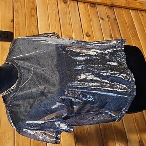 Black Sheer Top Shiny Silver Boxy Fit No Tag